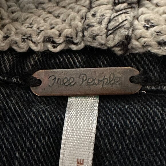 Free People Sz S/P Denim Jacket Hooded Black Button Front Manufactured Distress - Picture 13 of 14